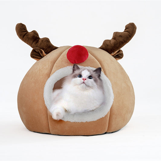 Festive Reindeer Pet Tent Bed | Warm Christmas Indoor Dog House Kennel